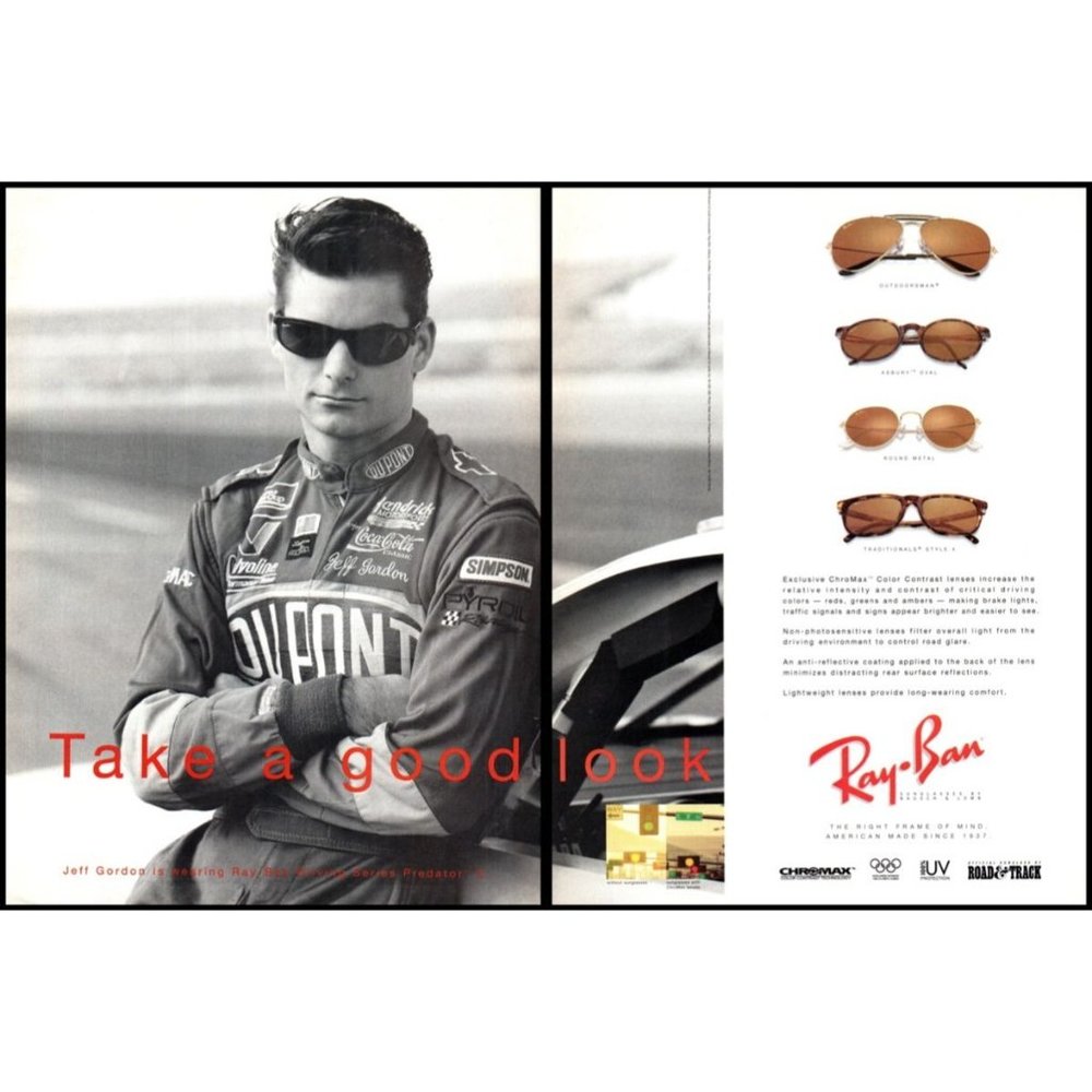 1995 Ray-ban Sunglasses Jeff Gordon NASCAR 2 Page Vintage Print Ad Wall Art